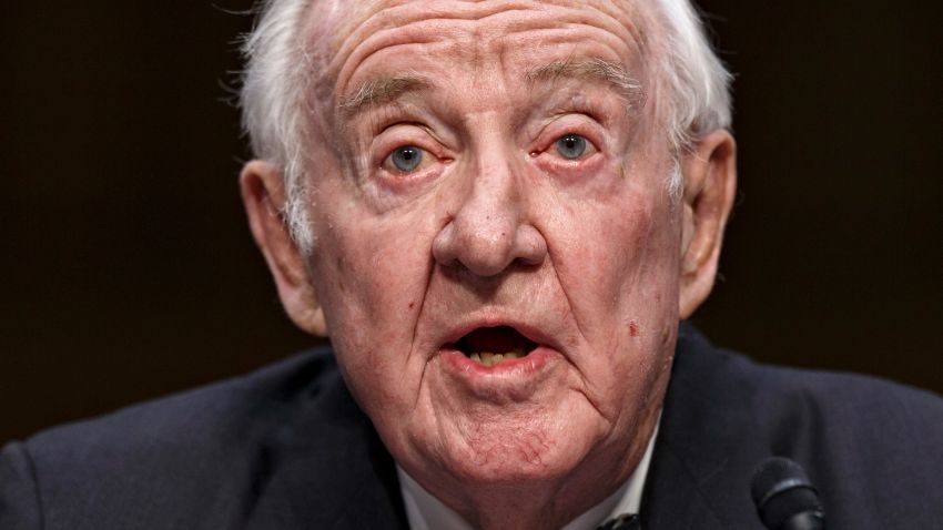 Retired Supreme Court Justice John Paul Stevens testifies on the ever-increasing amount of money spent on elections as he appears before the Senate Rules Committee on Capitol Hill in Washington, Wednesday, April 30, 2014. The panel is examining campaign finance rules which have been eased since 2010 court decisions opened the door for wealthy political action committees that can accept unlimited donations as expressions of political speech. (AP Photo)