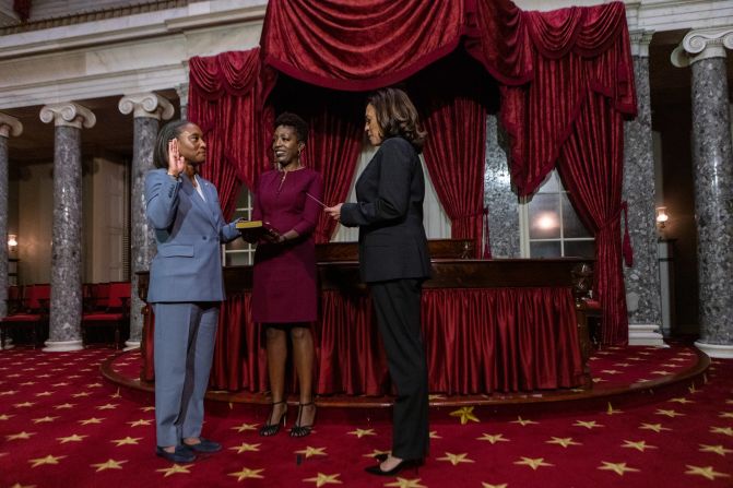 US Sen. Laphonza Butler is sworn in by Harris at the US Capitol in October 2023. Harris and Butler are <a href=